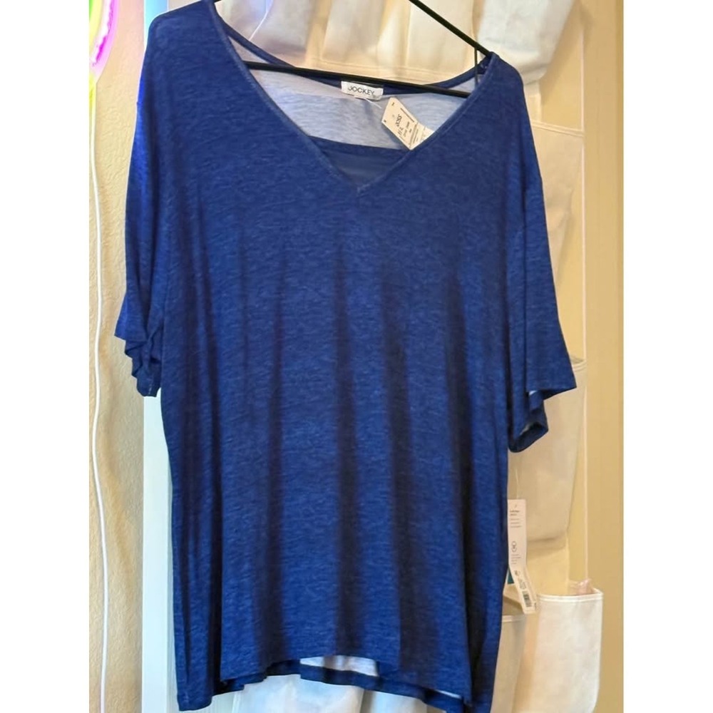 Jockey Womens Microfiber Stretch V-Neck T-Shirt Blue XL Relaxed Fit Slub Knit